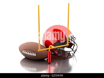 3D Renderer Bild. US-amerikanischer American-Football-Helme, Fußballtor und Ball. Sport-Konzept. Isolierten weißen Hintergrund. Stockfoto