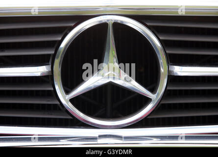 August 2013 Hebden Bridge - Calder Holmes Park. Klassiker und Oldtimer - Marken und Logos und Details Stockfoto