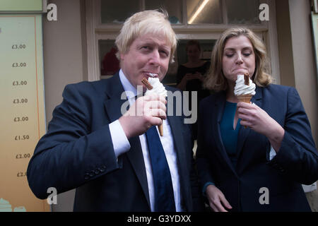Boris Johnson MP und Verteidigung minister Penny Mordaunt in Cromer, Norfolk, wo er im Auftrag der EU-Abstimmung verlassen Kampagne einsetzt. Stockfoto