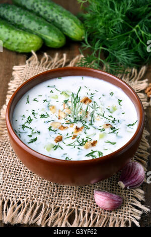 Sommer-Joghurt kalte Suppe mit Gurken, Nüssen und Dill, gesunde Ernährung Stockfoto