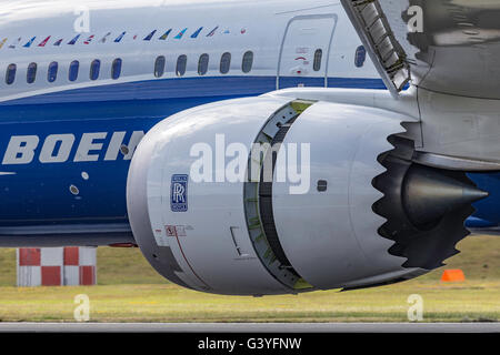 Rolls-Royce Trent 1000 Motoren auf Boeing 787-9 Dreamliner auf der Farnborough International Airshow Stockfoto