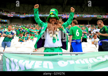 Nordirland-Fan auf der Tribüne vor der UEFA Euro 2016, Gruppe C Spiel im Parc Olympique Lyon, Lyon. Stockfoto