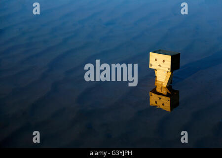 Ein Danbo Danboard Roboter Romanfigur zu Fuß durch ein flaches Wasserbecken am Strand Stockfoto