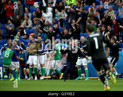 Nordirland-Manager Michael O'Neill (Mitte), Nord-Irland Aaron Hughes (links), Jamie Ward (zweiter von links), Kyle Lafferty (vierte links) und Conor McLaughlin (5 links) nach feiern Niall McGinn Partituren seiner Seite das zweite Tor während der UEFA Euro 2016, Gruppe C Spiel im Parc Olympique Lyon, Lyon. Stockfoto