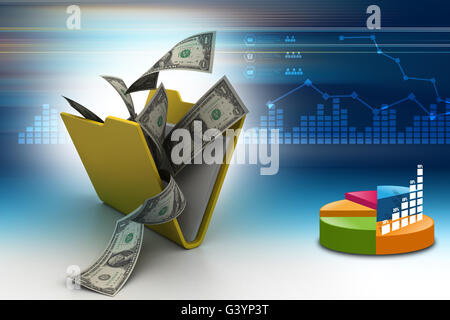 Ordner mit Geld auf farbigem Hintergrund Stockfoto