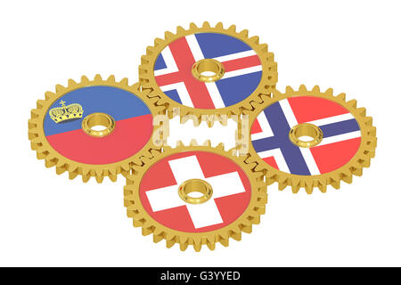 European Free Trade Association, EFTA-Konzept auf ein Getriebe, 3D rendering Stockfoto