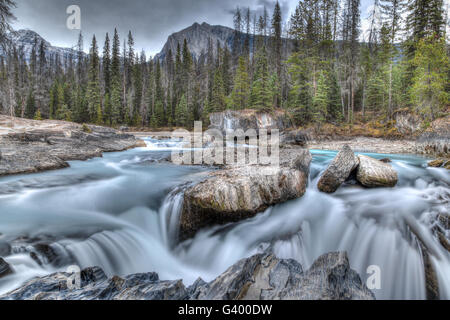 Rauschenden Wasser aus dem Kicking Horse River schnitzt durch die Felsen an der Natural Bridge im Yoho Nationalpark in der kanadischen Roc Stockfoto