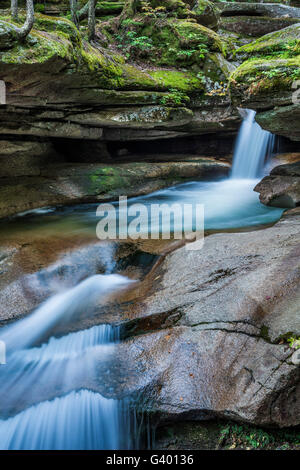 Die oberste Stufe der Sabbaday fällt schießt durch einen Trog, White Mountain National Forest, Grafton Co., NH Stockfoto