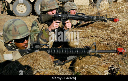 Seabees verteidigen ihr Lager in einem simulierten Feuergefecht am Fort Hunter Liggett, California. Stockfoto