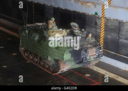 Marines warten, um ihre amphibische Fahrzeug vom Deck der USS Oak Hill gut zu starten. Stockfoto