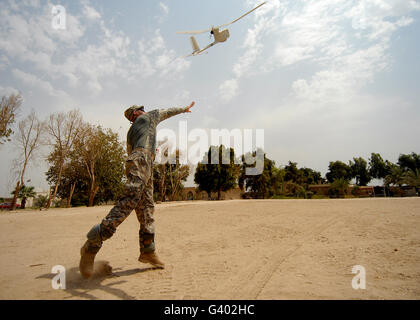 Soldat der US-Armee startet einen unbemannten RQ-11 b Raven. Stockfoto