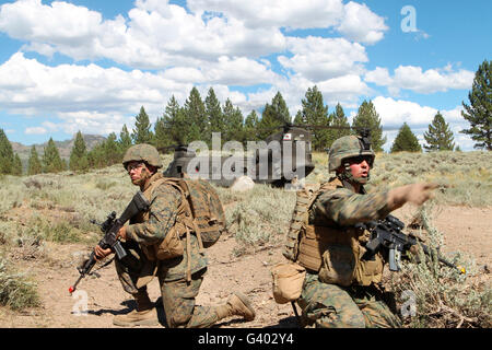 Soldat lenkt seine Marines in Richtung einer CH-47 Chinook während der Extraktion. Stockfoto