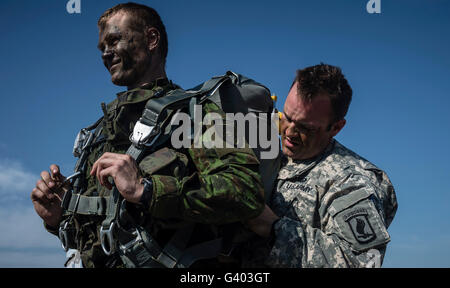 US Armee-Soldat hilft litauischen Heer Soldat seinen Fallschirm vorzubereiten. Stockfoto