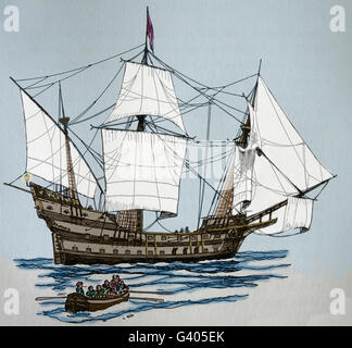 Die Galeone. Segelschiff. Neuzeit. 16.-17. Jahrhundert. Gravur. Farbe. Stockfoto