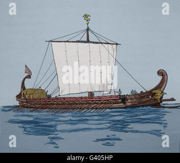 Eine römische Trireme. Römischer Zeit. Kupferstich, 19. Jahrhundert. Farbe. Stockfoto