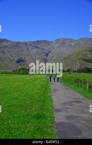 Drei Wanderer Richtung oxendale mit dem Wainwright mountain Crinkle Crags vor Ihnen in Langdale, Cumbria Großbritannien Stockfoto