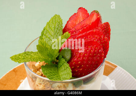 Dessert. Pannacotta mit Waldbeeren Sauce und knackigen Mandeln Freude Stockfoto