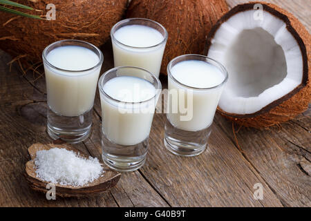 Kokosmilch in einem Glas mit Kokosnuss-Schalen auf alten hölzernen Hintergrund, selektiven Fokus Stockfoto