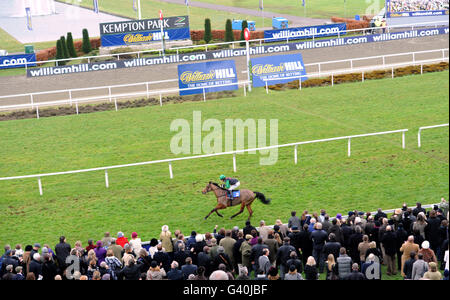 Pferderennen - William Hill Super Saturday - Kempton Park. Der Jockey Tony McCoy am Ski Sunday geht nach dem Sieg bei der William Hill Handicap-Hürde an der Tribüne und dem Zielplatz vorbei Stockfoto