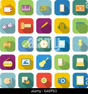 Unterhaltung farbige Icons mit langen Schatten auf weißem Hintergrund Stock Vektor