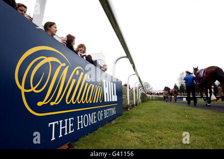 Pferderennen - William Hill Super Saturday - Kempton Park. Racegoers neben dem Paradering im Kempton Park Stockfoto