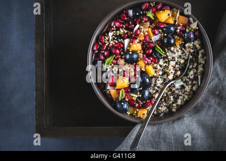 Eine Schale der Kokosnuss Quinoa Brei Schüssel mit einer Schüssel mit Granatapfelkernen und geschnittenen Aprikosen sind auf ein Tablett und fotografiert Stockfoto