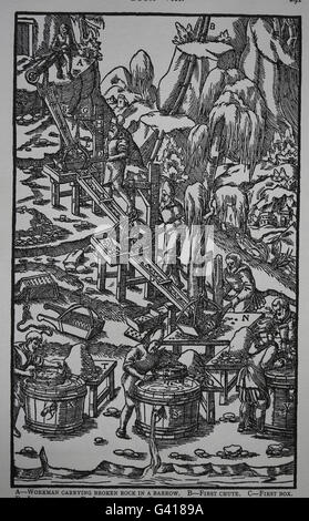 Georg Agricola (1494-1555). Buch De Re Metallica, 1556. Buch VIII. Extrahieren Sie die Metalle. Kupferstich von Basilius Weffring. Stockfoto