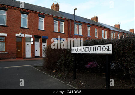 Ein allgemeiner Blick auf den Standort des ehemaligen Heimhauses des Sunderland Football Club, Roker Park. Vom Verein von 1898 bis 1997 verwendet, als der Verein in das aktuelle Stadion des Lichts umzog. Das Gebiet ist jetzt eine Wohnanlage Stockfoto