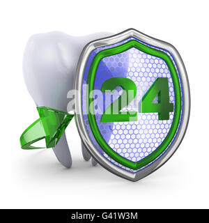 Der Zahn und Schild auf weißem Hintergrund. 3D Render. Stockfoto