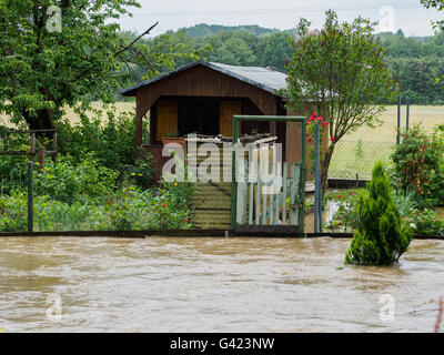 Memmelsdorf, Deutschland. 17. Juni 2016. Ein Floodedgarden Grundstück in der Nähe von Memmelsdorf, Deutschland, 17. Juni 2016. Foto: NICOLAS ARMER/Dpa/Alamy Live News Stockfoto