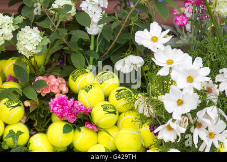 Wimbledon London, UK. 18. Juni 2016. Das Ivy Restaurant in Wimbledon ist in eine bunte Anzeige von gelben Tennisbällen eingerichtet, als Vorbereitung für die 2016 Wimbledon Tennis Championships, die beginnt am 27. June Credit: Amer Ghazzal/Alamy Live-Nachrichten Stockfoto