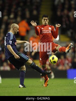 Andy Wilkinson von Stoke City (links) und Luis Suarez von Liverpool (rechts) Kampf um den Ball Stockfoto