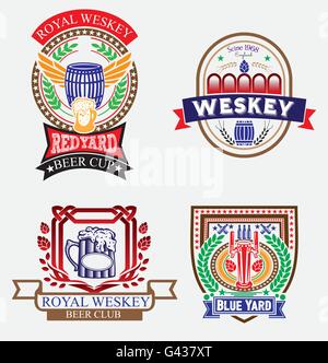 Satz von Bier-Etiketten; Retro-Stil; Flasche, Glas, Becher und Deckel unter dem Motto; Sammlung von Bier-Logo-Elemente, Vektor-illustration Stock Vektor