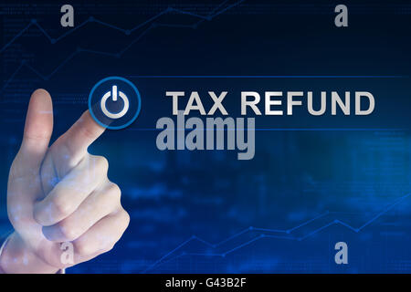 Doppelbelichtung Business hand klicken Steuer Schaltfläche "Rückerstattung" mit unscharfen Hintergrund Stockfoto