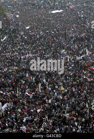 Demonstranten versammeln sich auf dem Tahrir-Platz in Kairo, Ägypten, und fordern Präsident Hosni Mubarak auf, sich zu stellen. Stockfoto