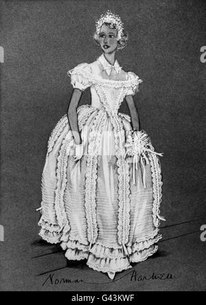 Dies ist das Design für das Kleid, das von Prinzessin Anne und sieben anderen Brautjungfern bei der Hochzeit von Prinzessin Margaret und Antony Armstrong-Jones getragen werden soll, entworfen von Norman Hartnell. Stockfoto