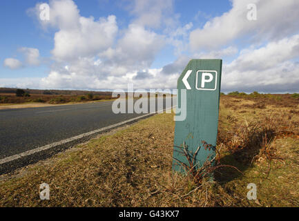 Ein allgemeiner Blick auf ein Parkschild im New Forest National Park in Hampshire, das weitgehend von der Forstkommission verwaltet wird. Die Koalitionsregierung hat Konsultationspläne zur Entsorgung von 258,000 Hektar Land der Forstbehörde im Vereinigten Königreich angekündigt. Der New Forest umfasst eine Fläche von 145 Quadratmeilen und umfasst alte Wälder, die ursprünglich ein königliches Jagdgebiet war Stockfoto