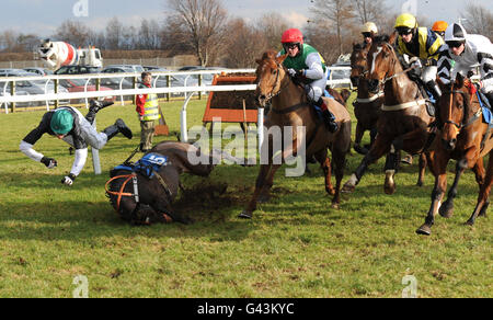 Pferderennen - Catterick Racecourse. Jockey Fearghal Davis fällt während der Hürde für Anfänger am Valentinstag auf der Catterick Racecourse, Richmond, vor Lady Chorister. Stockfoto