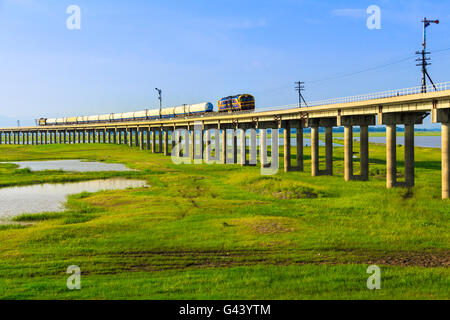 Ein Zug ist die Brücke am Pa Sak Jolasid Damm, Thailand Stockfoto