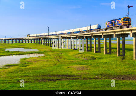 Ein Zug ist die Brücke am Pa Sak Jolasid Damm, Thailand Stockfoto