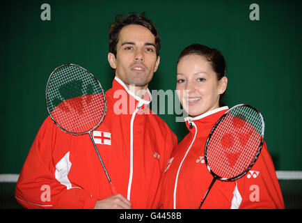 Nathan Robertson und Jenny Wallwork während einer Fotowand im National Badminton Center, Milton Keynes, England's Mixed Doubles Partnerschaft. Stockfoto