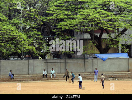 Cricket - Blick Auf Bangalore. Ein Park-Cricket-Spiel in der Nähe des Chinnaswamy-Stadions in Bangalore, Indien. Stockfoto