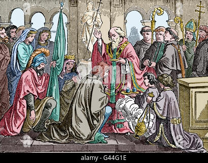Clovis ich (446-511). Ersten König der Franken. Umwandlung zum Christentum, 496. Gravur. Farbe. Stockfoto