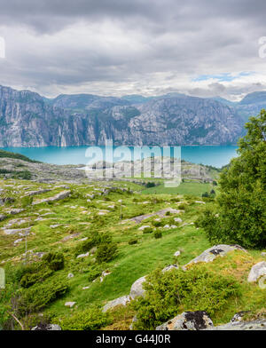 Blick zum Lysefjord mit saftig grünen Wiesen im Vordergrund Stockfoto