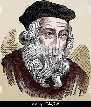 John Wycliffe (1320-1384). Englische scholastische Philosoph, Reformer und biblischen Übersetzer. Gravur. Farbige. Stockfoto