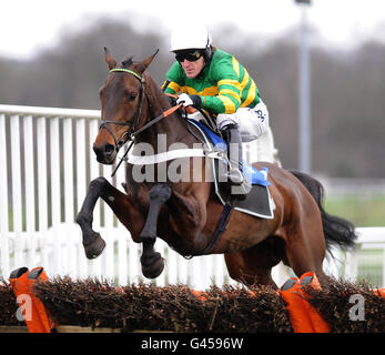 Pferderennen - Familientag - Sandown Park. Kid Cassidy wird von Einem P McCoy in Aktion beim Richard O'Sullivan Hurdle Race zum 40. Geburtstag von „National Hunt“-Novizen gefahren Stockfoto