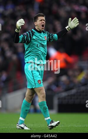 Fußball - Carling Cup - Finale - Arsenal gegen Birmingham City - Wembley Stadium. Arsenal-Torwart Wojciech Szczesny feiert, nachdem sein Teamkollege Robin Van Persie (nicht im Bild) das erste Tor geschossen hat Stockfoto