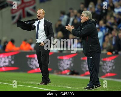 Fußball - Carling Cup - Finale - Arsenal gegen Birmingham City - Wembley Stadium. Alex McLeish (links), Birmingham City Manager, und Pat Rig (rechts), Arsenal Assistant Manager, an der Touchline. Stockfoto