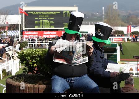 Pferderennen - 2011 Cheltenham Festival - Tag Drei. Racegoers überprüfen das Formular in Guinness-Hüten am St. Patrick's Day, während des Cheltenham Festivals. Stockfoto