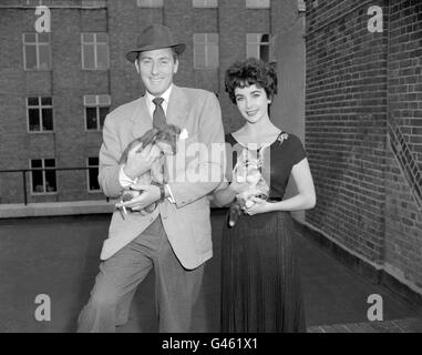 Filmstar Elizabeth Taylor mit zwei weggehenden Geschenken: Einem Kätzchen und einem Welpen von ihrem Mann, dem britischen Schauspieler Michael Wilding. Miss Taylor sollte an Bord einer Pan American Clipper nach Amerika fliegen, auf dem Weg zurück nach Hollywood. Stockfoto